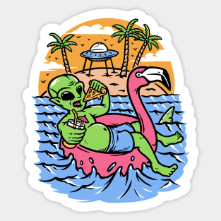 Funny Summertime Alien Eating Pizza on a Pink Flamingo Floatie Sticker